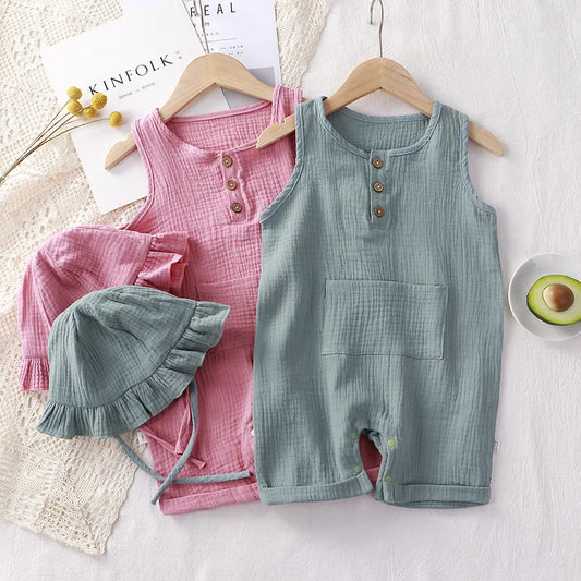 Kit 2 peças  Verão Bebê – Algodão e Linho, Sem Manga